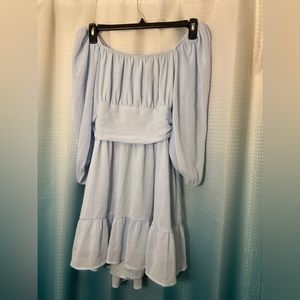 EXLURA Light blue mini dress. off the shoulder or square neck. Tie back. size L